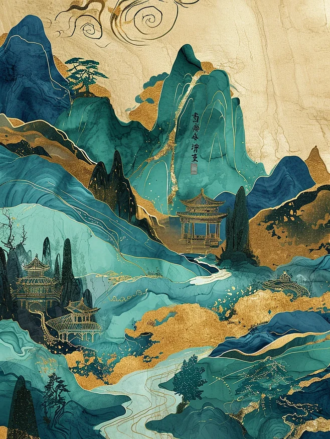鎏金山水画海报-花瓣网