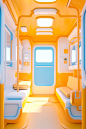 3d digital art of a blue bathroom in a futuristic train car, in the style of medical themes, light yellow and orange, site-specific installations, childlike simplicity, meticulous design, medicalcore, cargopunk