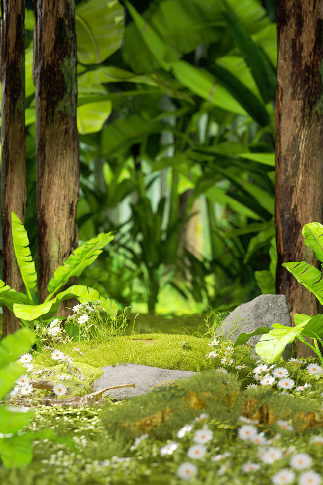 C4D 3D立体绿色树木草地场景