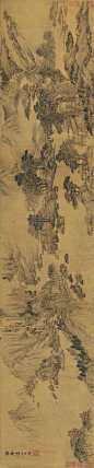 明·凌必正《山水》绢本，水墨，32x159cm，旅顺博物馆藏「高清大图」@學畵
凌必正，字贞卿，一字蒙求，号约庵，太仓（今江苏太仓）人。崇祯四年（一六三一）进士，官至广西副使。善山水，设色妍雅，位置精密，接轸宋人。间画花鸟，尚欠超逸生动之致。