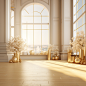 gold themed interior with flowers and furniture 3d render, in the style of ballet academia, golden light, thomas cole, clean-lined, award winning, mediterranean-inspired, light-filled scenes