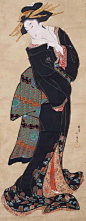 Teisai Hokuba - Standing courtesan. Hanging scroll; ink and color on silk. Circa 1804-1818: 