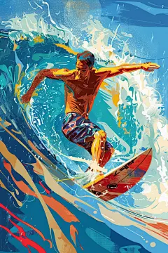 扁平风冲浪休闲夏天插画