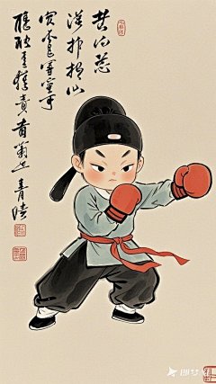 全景,水墨插画,极简主义，唐代男士插画,男士打拳击，现代人物与古风工笔画结合，画风细腻成熟，独特的风格，识别度高，人物讨喜又不失韵味，可爱的Q版唐代风俗画图，背景简洁，纯色背景。