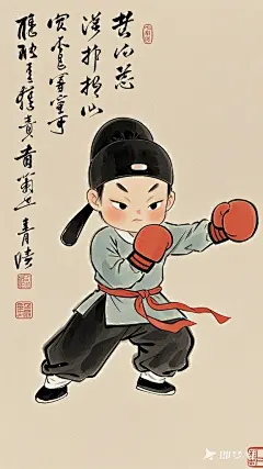 全景,水墨插画,极简主义，唐代男士插画,男士打拳击，现代人物与古风工笔画结合，画风细腻成熟，独特的风格，识别度高，人物讨喜又不失韵味，可爱的Q版唐代风俗画图，背景简洁，纯色背景。