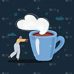 疲惫的女人走向大杯咖啡的矢量插图在黑暗的背景。