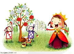 小女孩扑克牌童话场景手绘插画