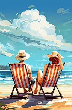 AI数字艺术扁平风夏季海边旅行人物插画