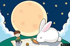 卡通人物彩色手绘圆月玉兔团圆中秋节插画模板平面设计