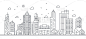 用各种形状的建筑来描绘线条风格的建筑。美丽的城市景观与树木。