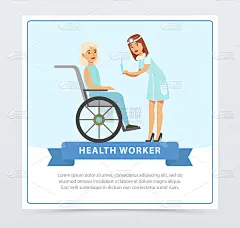 女护士给坐轮椅的老年妇女注射，卫生工作者横幅平面矢量元素为网站或手机app