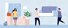 女孩,公寓,概念,矢量,沙发,绘画插图,新的,男人,搬家,搬迁