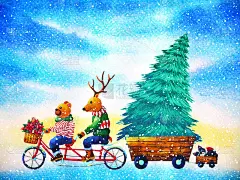 圣诞动物新年快乐水彩画插画