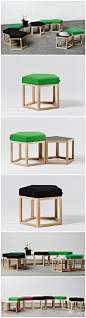 A2的凳子与茶几模块化组合-Meet。这系列家具是来自瑞典斯德哥尔摩新锐家具品牌A2设计的"相遇"（MEET)系列凳子和茶几组合，北欧风格，橡木框架结构，五角形凳/桌面造型，造型及结构一致，加上坐垫就是凳子，否则可做茶几、边桌，随意组合，多种色彩，可以让空间明媚与缤纷。