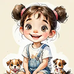 杰作, 最好的质量, 水彩绘画，卡通人物设计。白T恤，短裤，肖像，1 个女孩和一条小狗, 大眼睛，可爱的表情，两个发髻，有趣的，大笑，清晰的线条，留着空白，(2)