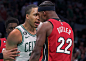 Photo by Boston Celtics Fan Page in TD Garden with @grantwill2, and @jimmybutler. May be an image of 2 people, people playing basketball, basketball jersey, ball, backboard and text that says '6 BUTLER 22 CEV'.