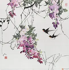 辽宁工美教授苗雨作品 ——《紫气东来》
苗雨的绘画吸收了石涛、八大、以及当代吴冠中等大家的画法并借为己用，他的笔墨泼辣大气，大开大合，元气淋漓，但又绝无江湖纵横习气，收放有度，苗雨巧用了宋人绘画笔法的细致，使得他笔下的山水或花鸟充满着祥和和宁静，又充满了生命的张力。他大胆融进西方油画的技法，特别是在用色方面有着他独到的见解，从而使整个画面有一种朦胧、迷离的效果，把中西方绘画技艺巧妙的结合起来，形成了自己独特的艺术风格。