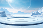 An empty round stage in the middle, minimal stage design, alien planet, spaceship, mountain, serenity, cosmic mysterious planet background, romance, stage focus, C4D, Octane render and blender, lots of white space, elegance, studio lighting, HD, UHD 32K U