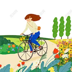 春天与骑自行车的女孩的扁平插画春天人物元素