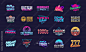 Vector set of signs and logos in Retrowave style. Retro 80's logos set for Night club, music album, party invitation designs. Print for t-shirt, tee. 20 colorful neon logo designs.