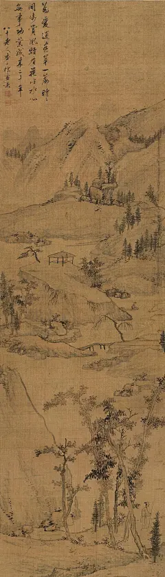 查士标——《秋林策杖图》【为爱逍遥第一篇，时时闲步赏风烟。 看花临水心无事，功业成来二十年】人物山水立轴欣赏  |  
清|查士标(1615--1698)，字二瞻，号梅壑散人，懒老。新安(今安徽歙县休宁)人，流寓江苏扬州。精鉴别，擅画山水，为海阳四家之一。清初著名画家，书法家和诗人。与孙逸、汪之瑞、僧弘仁等书画家一起被称为&quot;新安四家&quot;。