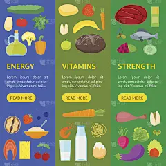 卡通色彩健康食品旗帜垂直套装。向量