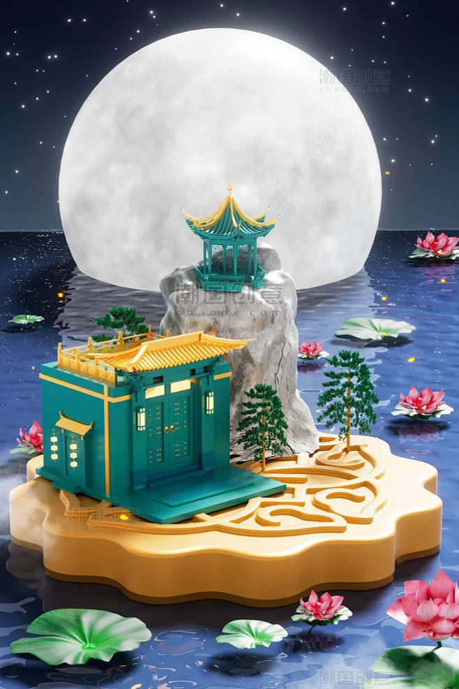 中秋3D立体中秋节月饼中国风建筑电商促销场景图片_潮国创意-花瓣网