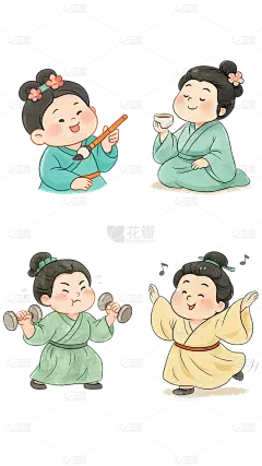 中国风漫画风Q版古代人物写字/唱歌/锻炼/喝茶形象元素组合
