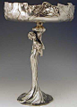 Polished pewter tazza with art nouveau full figural maiden. Ca. 1906 | JV