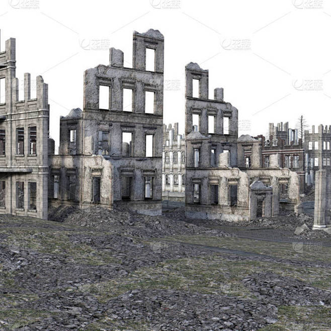 3d 渲染的废墟城市战后在白色背景 - 3d 插图
