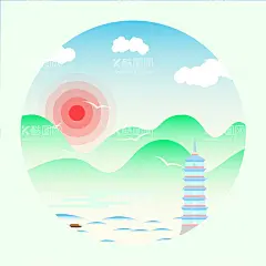 矢量风景微光插画  - 源文件下载【酷图网】插画,矢量,风景,意境,塔,自然,山峰,