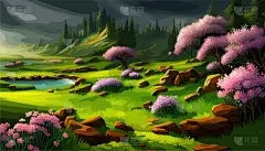 向量图显示的是一片开满了艳丽花朵的风景，春天里地平线上遥远多雾的群山，花卉的风景.
