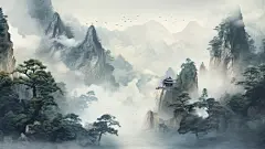 唯美古风建筑黄山山水植物壁纸