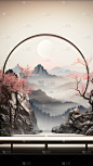 通用国风插画水墨色中式自然高山树木展台场景背景