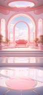 3d backdrop for your anime girl scene pink aw, in the style of architectural compositions, rich tonal palette, daz3d, light orange and white, coastal scenes, rococo interiors, asymmetric compositions