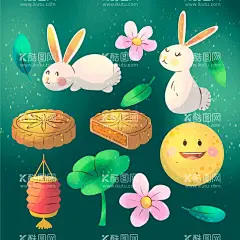 中秋元素  - 源文件下载【酷图网】手绘,卡通,中秋,节日,兔子,喜庆,灯笼,月饼,花