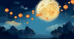 治愈唯美中秋插画满月孔明灯灯笼电脑唯美壁纸月亮夜晚插画唯美夜景背景