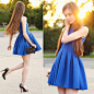 Ariadna Majewska - Blue Dress, Black Lace Plastic Bag, Black Pumps - Blue
