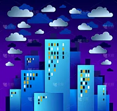 雨中的城市房屋建筑在夜晚剪纸卡通儿童游戏风格矢量插画，可爱的城市景观，城市生活的现代极简设计，午夜天