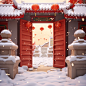 Cartoon blind box style, Spring Festival, simple Chinese gate, door wall, snowman, snow, fireworks, gold coins, lanterns, red envelopes, firecrackers, Spring Festival atmosphere, C4D modeling, OC rendering