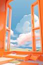 an orange room has two windows that open up into a scene, in the style of detailed skies, whimsical animation, soft landscapes, yanjun cheng, lush landscape backgrounds, distorted perspective, light brown and sky-blue