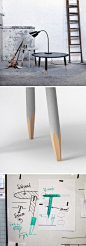 英国设计师Samuel Wilkinson设计的边桌Hoof tables ，设计师发现用油漆处理的家具，桌腿和地面接触部位最容易磨损，因此干脆用类似削铅笔头的方式来避免油漆磨损。