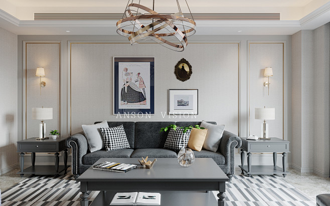 确认过眼神一黑白灰美式客厅安森视觉室内设计拓者设计吧