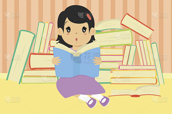 女孩阅读书籍卡通矢量