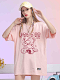 国潮美式t恤 宽松纯棉短袖女2022年夏季新款潮牌设计感粉色体恤-tmall.com天猫