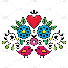 瑞典民间艺术矢量可爱的图案与鸟，心，和花朵的灵感来自传统的斯堪的纳维亚艺术-情人节贺卡或婚礼请柬的设