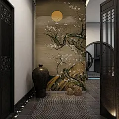 良印梅花新中式墙纸无纺布电视背景定制无缝墙布书房餐厅壁纸过道-tmall.com天猫