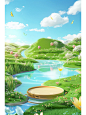 Using a reference image as an example, render a 3D scene of spring atmosphere, a cartoon and interesting animation scene. There is a small stream in the outdoor grassland, a circular platform on the lake surface, some small flowers with zero micro landsca