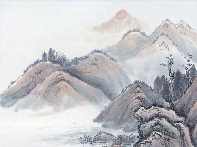 国画山水朝霞渲染的群山