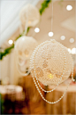 Wedding ideas / The lanterns are made by overlapping lace doilies on an inflated balloon and brushing fabric stiffener (or wallpaper glue, or even white glue) onto the doilies. Be sure to cover it completely so that the whole thing hardens and you aren’t 